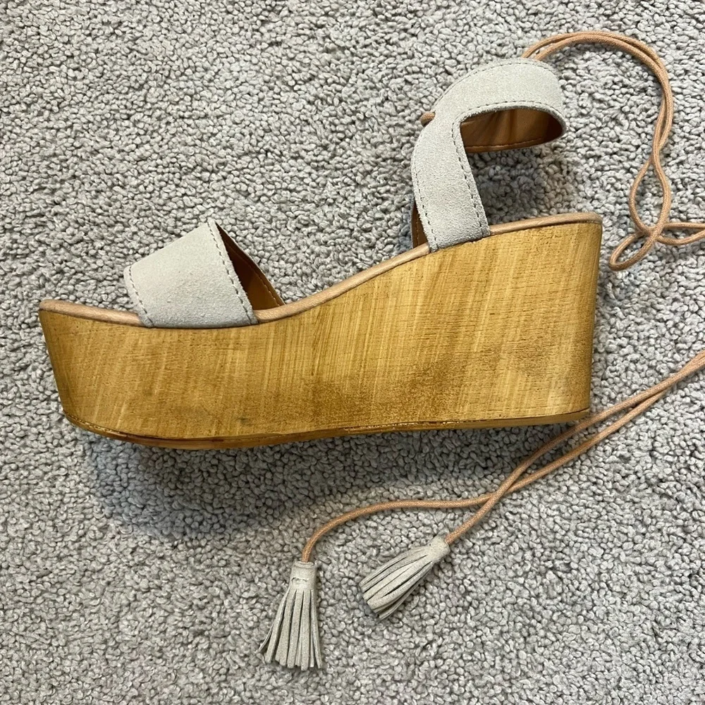 Steve Madden Shannon Suede Leather Tassel Ankle Tie Wooden Platform Wedge Size 9